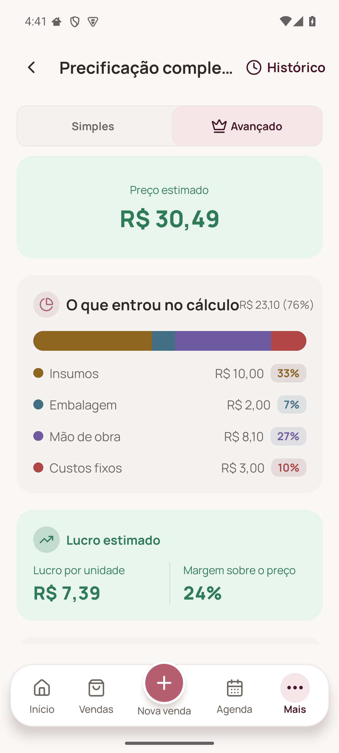 Precificação atual do app com preço e lucro