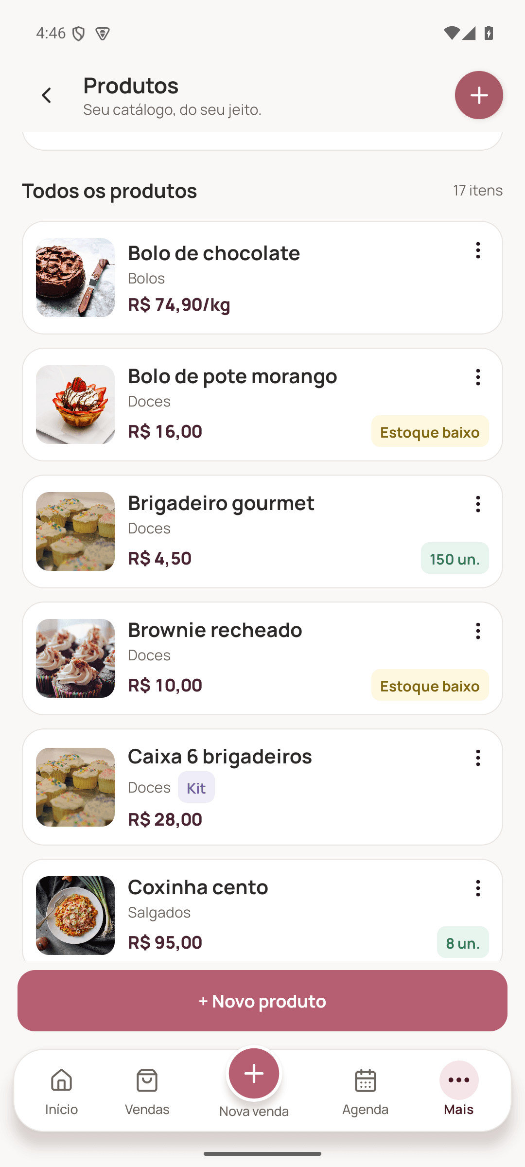 Produtos atuais do app com preço e estoque